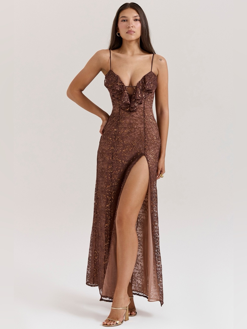 House of CB LUCIANNA Espresso Lace Maxi Dress Small